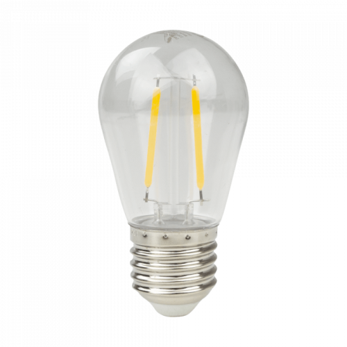 Żarówka LED filament E27 2W ciepła biała z przezroczystą szklaną kopułą, widoczne dwa żarniki w kolorze żółtym. Gwint E27, metalowa podstawa, kształt klasycznej żarówki. Idealna do użytku domowego.