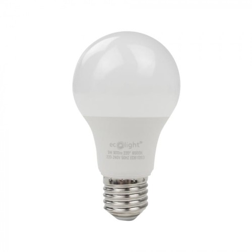 Żarówka LED E27 o mocy 9W z zimną białą barwą światła (6500K). Posiada okrągły kształt i białą, matową obudowę z metalowym gwintem. Widoczny napis informacyjny na korpusie żarówki, umieszczona na białym tle.