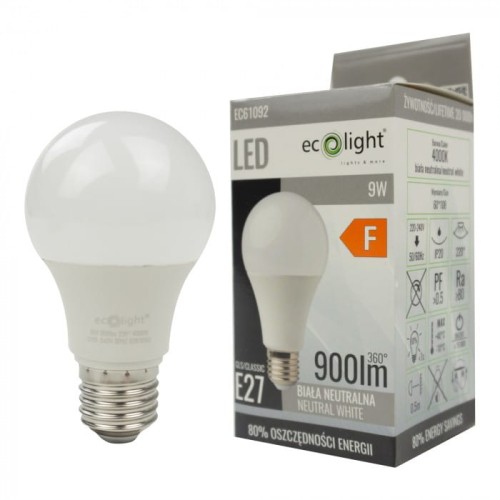 Żarówka LED E27 GLS 9W o neutralnej białej barwie, z okrągłą głowicą, umieszczona obok opakowania. Na pudełku widoczne informacje o mocy, jasności (900 lm) oraz klasie energetycznej. Kolor biały, matowa powierzchnia, standardowy gwint E27.