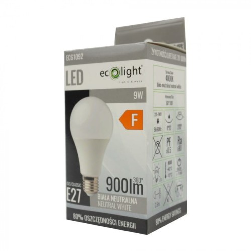 Żarówka LED E27 GLS 9W w neutralnej białej barwie, z opakowaniem, widoczna z boku. Na etykiecie oznaczenie 900 lumenów, moc 9W oraz informacje o oszczędności energii i klasie F. Zawiera dane techniczne oraz logo marki ecolight.