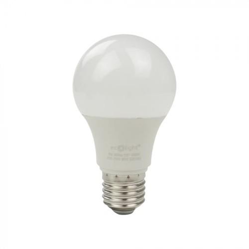 Żarówka LED E27 GLS 9W w neutralnej białej barwie, z kulistą, matową kloszem i metalowym gwintem. Produkt stoi w pozycji pionowej, na białym tle, z widocznym logo ecolight na podstawie.