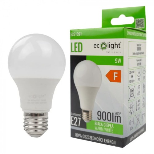 Żarówka LED E27 GLS o mocy 9W, ciepła biała, z białym, gładkim kloszem. Widoczna podstawa E27. W zestawie kartonowe opakowanie z informacjami o specyfikacji, w tym moc 900 lm i efektywność energetyczna klasy F.