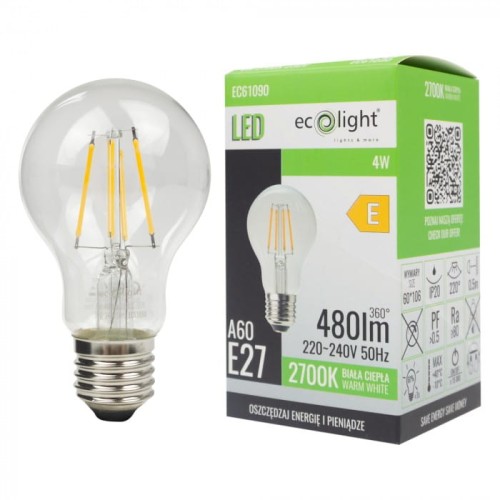 Żarówka LED filament E27 4W ciepła biała - EC61090