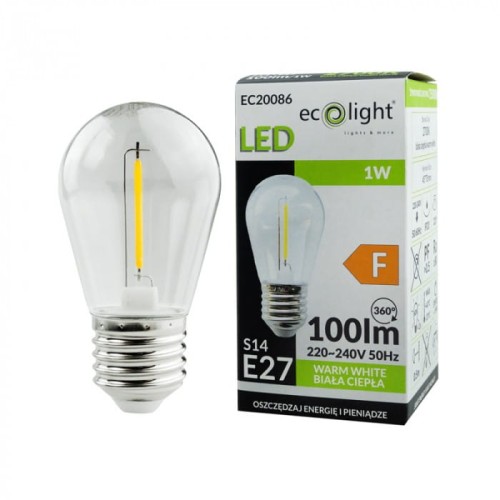 Żarówka LED KULKA filament E27 1W ciepła biała, z przezroczystą szklaną obudową i żółtą nitką filamentową, umieszczona obok zielonego opakowania z informacjami o parametrze 100 lm, przeznaczona do girland.