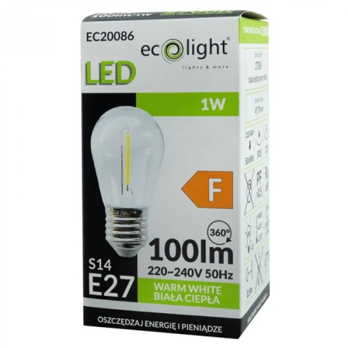 Żarówka LED kulka filament E27 1W o ciepłej białej barwie. Przezroczysta obudowa, widoczny filament wewnętrzny. Wydajność 100 lumenów, zasilanie 220-240V. Opakowanie z grafiką informacyjną, w kolorze zielonym i białym.