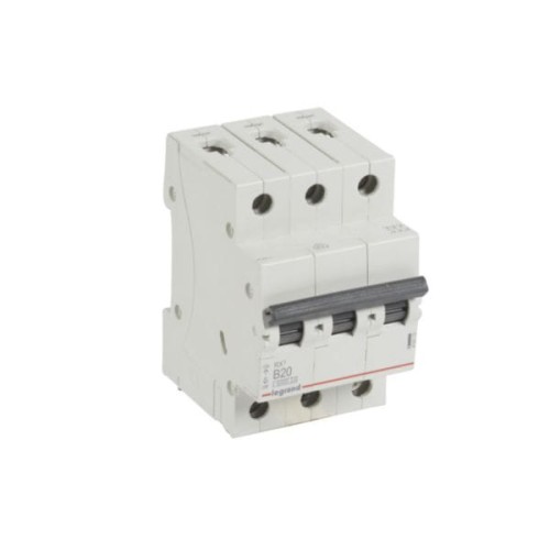 Wyłącznik nadprądowy 3P B 20A, 6kA, AC, model S303 RX3. Produkt w kolorze białym, trójfazowy, z widocznymi oznaczeniami na obudowie. Mechanizm w pozycji zamkniętej, z dźwignią w dolnej części. Przeznaczony do zabezpieczania instalacji elektrycznych.