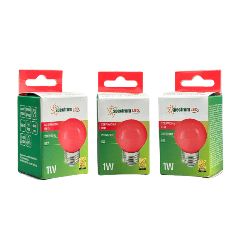 Zestaw 3 żarówek LED kulkowych E-27 o mocy 1W w kolorze czerwonym. Każda żarówka ma widoczny gwint E-27 oraz informacje na opakowaniu, w tym współczynnik 230V. Opakowania są w kolorze zielonym z czerwoną górą i logo producenta.