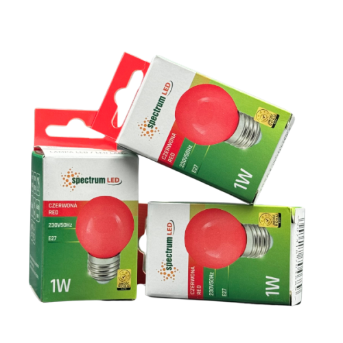 Zestaw 3 żarówek LED E-27 o mocy 1W, kolor czerwony. Opakowania z widocznymi napisami: czerwona, 230V 50Hz, 1W oraz logo marki spectrum LED. Żarówki mają kulisty kształt i metalowy gwint.