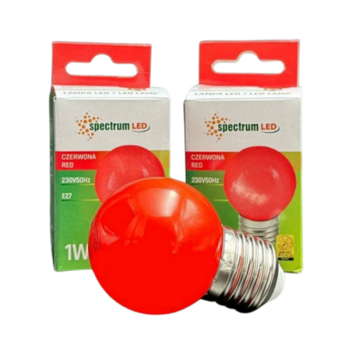 Żarówka LED kulka E-27 w kolorze czerwonym, moc 1W, z widocznymi dwoma opakowaniami z logo spectrum LED. Opakowania zawierają informacje o napięciu 230V i typie E27. Produkt leży na białym tle. Zestaw składa się z 3 sztuk.