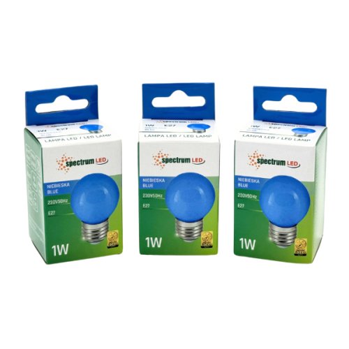 Zestaw trzech niebieskich żarówek LED E-27 1W 230V, pakowane w kartonowe pudełka z przezroczystą kulką na froncie. Widoczny napis Niebieska oraz logo spectrum LED. Pudełka mają niebieskie uchwyty oraz zielone tło.