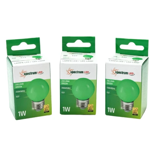 Zestaw trzech żarówek LED kulkowych E-27, 1W, 230V w zielonym kolorze. Każda żarówka umieszczona w kartonowym pudełku z widocznym napisem ZIELONA oraz informacjami o specyfikacji. Pudełka z charakterystycznym logo spectrum LED.
