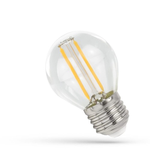 Żarówka LED filament w kształcie kulki E27, 1W, emitująca ciepłe białe światło. Przezroczysta obudowa z widocznymi żółtymi włóknami. Ujęcie z boku, z gwintem metalowym na dole.