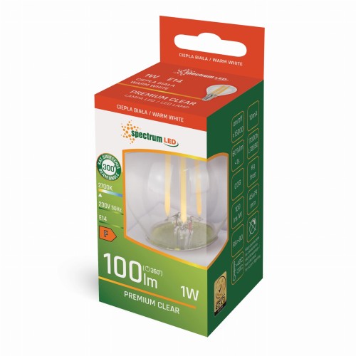 Żarówka LED filament kulka E27 o mocy 1W, emituje ciepłe białe światło (2700K). Opakowanie z przezroczystym frontem ukazuje żarówkę z widocznymi elementami filamentowymi. Logo Spectrum LED na zielonym tle, z informacjami o jasności 100 lm.