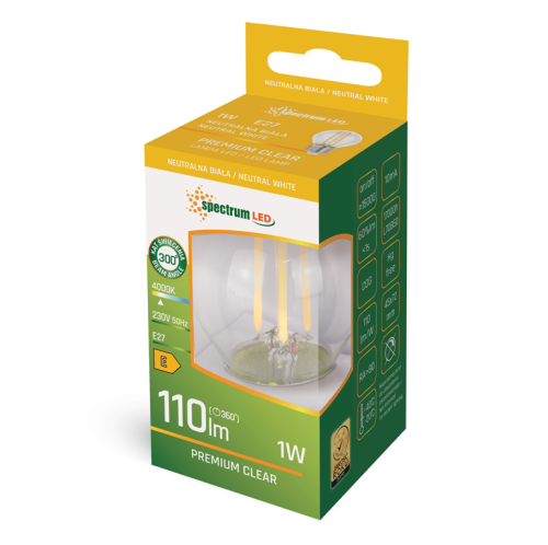 Żarówka LED filament kulka E27 1W w neutralnej białej barwie, z przezroczystą obudową i widocznymi dwoma cienkimi włóknami w środku. Opakowanie informacyjne z logo Spectrum LED, z danymi technicznymi i oznaczeniem energetycznym.
