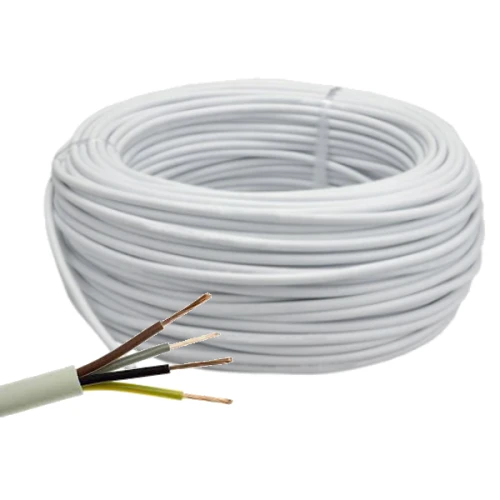 Przewód OWY 4x1,5 (H05VV-F) 300/500V w białej izolacji, na krążku 100 mb. Widoczne cztery przewody: brązowy, czarny, żółto-zielony i szary, ułożone w sposób odsłaniający ich kolory. Krążek leży na płaskiej powierzchni.
