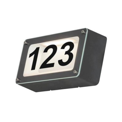 Kinkiet elewacyjny Hannover LED 6W, czarny, prostokątny. Wbudowane oświetlenie emitujące światło na numer 123, osłonięte przez przezroczystą szybkę. Zamontowany w pozycji poziomej, z metalowymi mocowaniami widocznymi z boków.