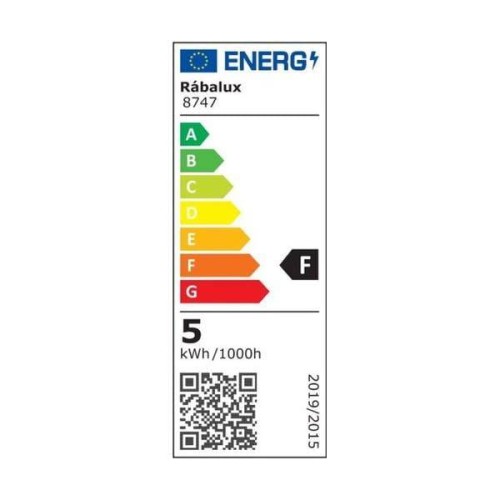 Etykieta energetyczna kinkietu elewacyjnego Hannover LED 6W Rabalux 8747. Klasa efektywności energetycznej F, zużycie 5 kWh/1000h. Widoczne oznaczenia literowe A-G oraz kod QR na dole etykiety.