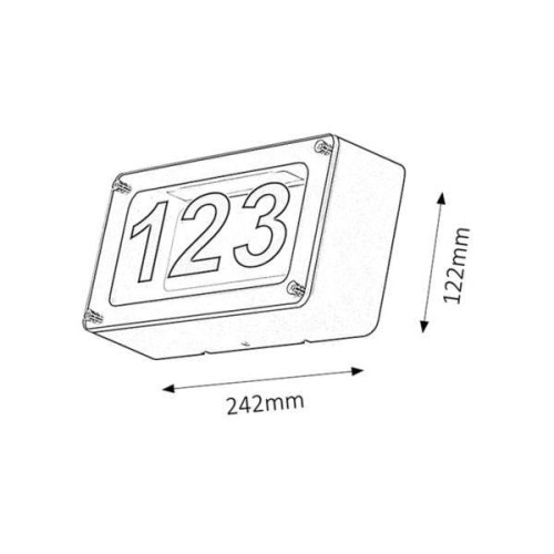 Kinkiet elewacyjny Hannover LED 6W z numerem 123, prostokątny, w kolorze białym, w wymiarach 242mm x 122mm. Rysunek techniczny.