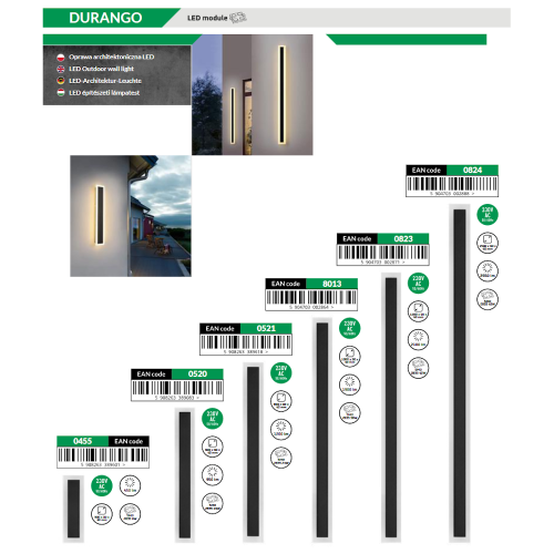 Kinkiet elewacyjny DURANGO o długości 60 cm, kolor czarny, z wbudowanym modułem LED o mocy 19W. Prosty, pionowy kształt oprawy, montowany na ścianie, idealny do oświetlenia zewnętrznego. Widoczny efekt świetlny na ścianie.