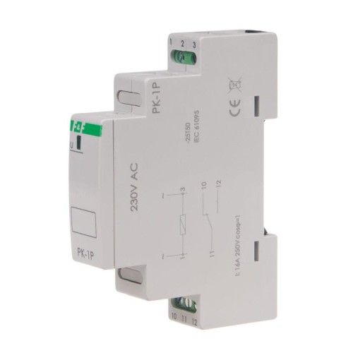 Przekaźnik elektromagnetyczny PK-1P-230V, 16A AC, w kolorze białym. Z boku, z oznaczeniami na obudowie i terminalami do podłączenia. Elementy wskazujące napięcie i diagram połączeń. Kompaktowa konstrukcja, przeznaczony do montażu na szynie DIN.