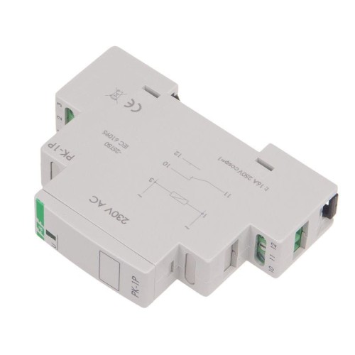 Przekaźnik elektromagnetyczny PK-1P-230V, 16A AC, w kolorze szarym. Ujęcie z boku, pokazujące złącza oraz oznaczenia na obudowie. Widoczne logo i schemat podłączenia. Produkt leży na jednolitym tle.