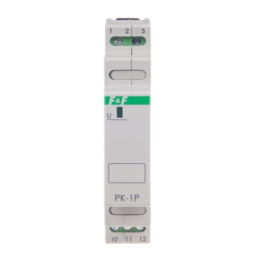 Przekaźnik elektromagnetyczny 16A AC PK-1P-230V w kolorze białym, z widocznymi oznaczeniami na obudowie. Ujęcie frontalne, produkt stojący. Złącza i oznaczenia na górze oraz na dole. Wymiary standardowe, przeznaczony do montażu w szafkach elektrycznych.