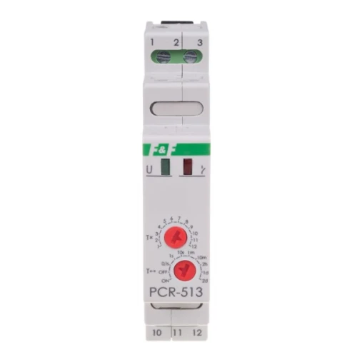 Przekaźnik czasowy PCR-513 1P 10A 230V AC z opóźnionym załączaniem, w kolorze białym, z czerwonymi pokrętłami do ustawiania czasu i zielonym oraz czerwonym wskaźnikiem. Ułożony w pozycji stojącej, widok frontalny.