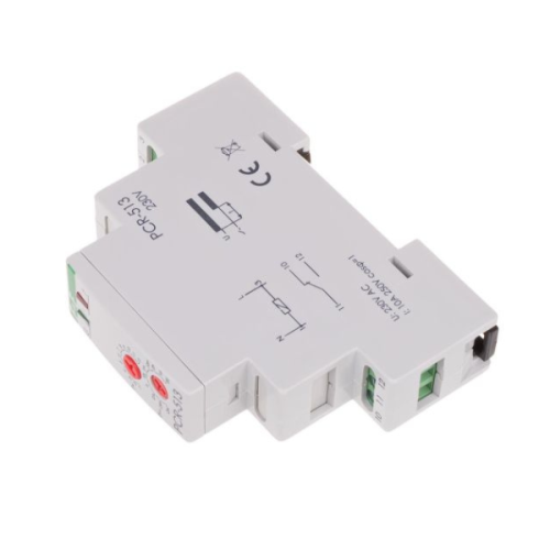 Przekaźnik czasowy 1P 10A 230V AC w obudowie plastikowej. Widoczny schemat podłączenia oraz przyciski ustawienia. Kolor biały, kształt prostokątny, z wyraźnymi oznaczeniami i stykami na jednym z boków.