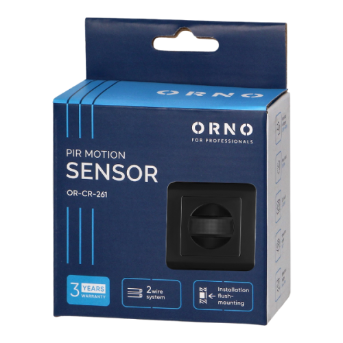 Czujnik ruchu Orno OR-CR-261 w czarnym opakowaniu, z widocznym napisem PIR MOTION SENSOR. Opakowanie zawiera informacje o 2-żyłowym systemie oraz instalacji natynkowej. Wymiary i detale na bokach opakowania.