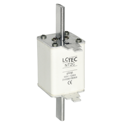 Wkładka topikowa NT2CgL/gG 100A 400V LCTEC, biała obudowa, metalowe końcówki, prostokątny kształt. Widoczny napis LCTEC NT2C oraz specyfikacje techniczne. Produkt w pozycji stojącej.