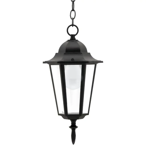 Lampa wisząca ogrodowa LIGURIA E27 w kolorze czarnym, z metalowym kloszem w kształcie ośmiokąta. Wyposażona w przezroczysty środek, zawieszona na łańcuchu. Idealna do oświetlenia przestrzeni zewnętrznych.