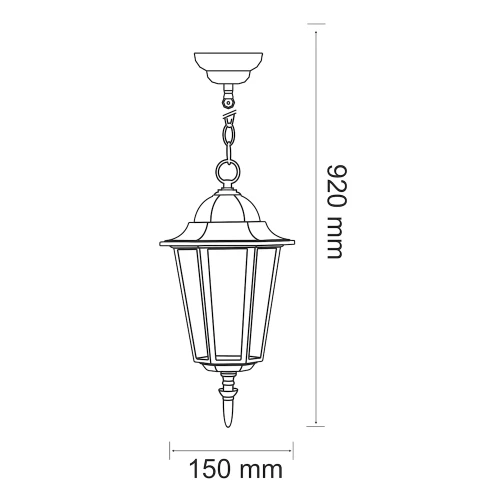 Lampa wisząca ogrodowa LIGURIA E27 w kolorze czarnym, o wysokości 920 mm i średnicy 150 mm. Rysunek techniczny.