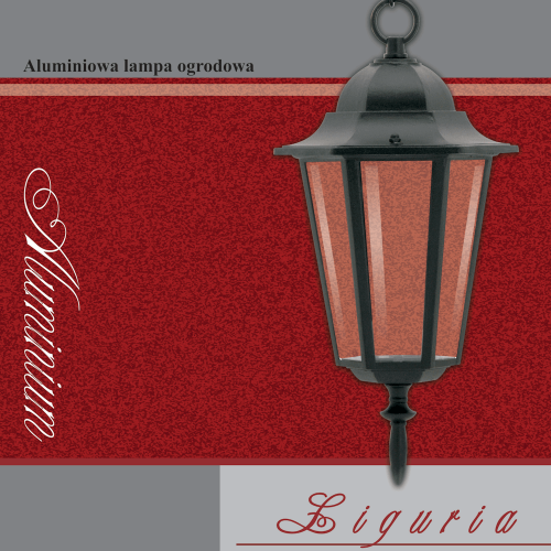 Lampa wisząca ogrodowa LIGURIA E27 w kolorze czarnym, wykonana z aluminium. Posiada sześć prostokątnych szyb, metalowy klosz i ozdobny haczyk do zawieszenia. Widoczna na szarym tle, w stylu klasycznym.