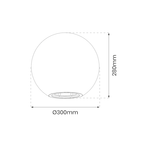 Lampa ogrodowa Kula Globo o średnicy 30 cm, wysokości 28 cm, w kształcie kulistym. Rysunek techniczny.