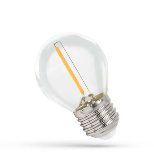Żarówka LED filament kulka E27 o mocy 1W, ciepła biała (1800K). Przezroczysta kula z widocznym żarnikiem w kolorze żółtym. Gwint E27, kształt okrągły, umieszczona w lekko pochylonej pozycji.