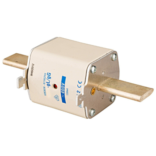 Wkładka bezpiecznikowa NH2 224A 400V w kolorze jasnoszarym, metalowa obudowa z widocznymi stykami. Na obudowie niebieski napis 400V oraz oznaczenia CE. Produkt leży na boku, z widocznymi metalowymi końcówkami.