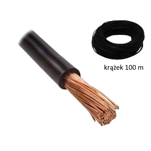 Przewód LGY 16 czarny (H07V-K) w krążku 100 m. Widoczny fragment przewodu z miedzianymi żyłami, pokryty czarną izolacją. Na tle pojawia się krążek przewodu, przedstawiający jego długość i kolor.