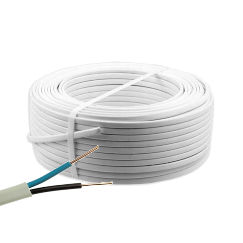 Przewód YDYp 2x1,5 mm² w białej izolacji, na krążku o długości 20 m. Widoczne końcówki przewodów w kolorze niebieskim i czarnym, z odsłoniętymi miedzianymi żyłami. Ujęcie z boku, krążek leżący na płaskiej powierzchni.