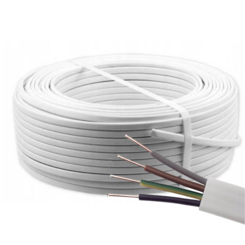 Przewód YDYp 4x1,5 mm², 450/750V, na krążku o długości 100 m. Biały, z czterema żyłami: brązową, czarną, zieloną i żółtą, widocznymi w zbliżeniu. Krążek leży na płasko, z widocznym mocowaniem.