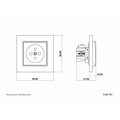 Gniazdo pojedyncze z uziemieniem w kolorze łososiowym, o wymiarach 80 mm x 80 mm z widocznymi czterema otworami. Rysunek techniczny.
