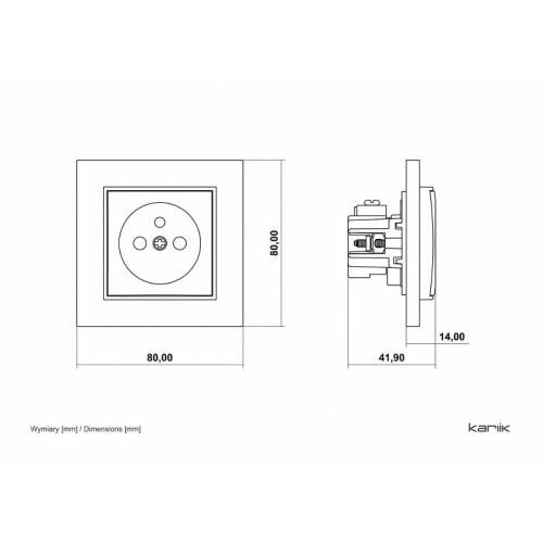 Gniazdo pojedyncze z uziemieniem Karlik MINI w kolorze szałwiowym, w wymiarach 80 mm x 80 mm, z widocznym otworem na wtyczkę oraz elementami montażowymi z boku. Rysunek techniczny.