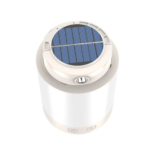 Lampa campingowa solarna LAMINA CAMPO 2W, okrągła, z białą obudową i niebieskim panelem słonecznym na górze. Z przodu widoczne przyciski do włączania i regulacji. Produkt umieszczony na jednolitym tle, w pozycji stojącej.