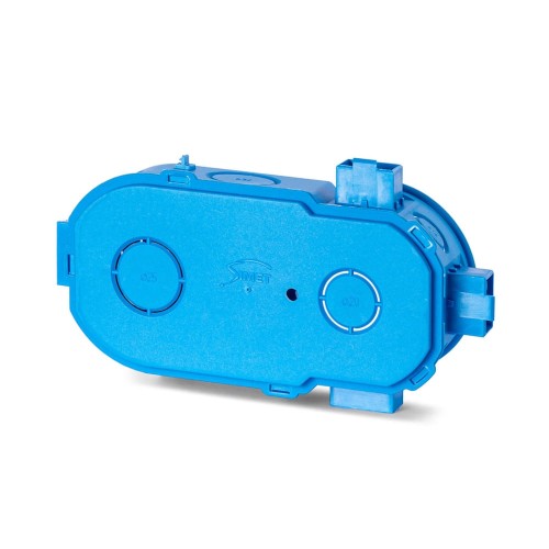 Puszka 2x60mm głęboka łączona do elektroniki w kolorze niebieskim. Produkt o prostokątnym kształcie z widocznymi otworami na przewody oraz logo producenta. Ujęcie z boku, ukazujące boczne mocowania.