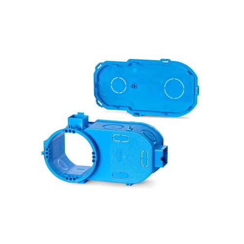 Puszka 2x60mm głęboka łączona do elektroniki w kolorze niebieskim, z widocznymi otworami montażowymi i wycięciem na przewody. Produkt leżący na białym tle, składający się z dwóch części: korpusu i pokrywy.