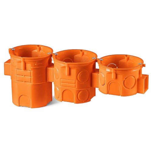Puszka 60mm głęboka, łączona, w kolorze pomarańczowym, z widocznymi wkrętami. Zestaw składa się z 10 sztuk. Puszki mają otwory do montażu, wykończenie teksturowane, stojące obok siebie, w zbliżeniu.