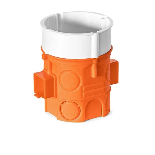 Puszka łączona o głębokości 60 mm w kolorze pomarańczowym z białym brzegiem, z widocznymi otworami na wkręty. Produkt stojący, z detalami konstrukcyjnymi po bokach, przeznaczony do instalacji elektrycznych. W opakowaniu 10 sztuk.