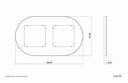 Ramka podwójna okrągła Karlik MINI w kolorze taupe beżowym. Kształt okrągły o wymiarach 168 mm x 97 mm, z dwoma kwadratowymi miejscami na zdjęcia. Wysokość 6,3 mm. Prosta konstrukcja, idealna do aranżacji wnętrz.