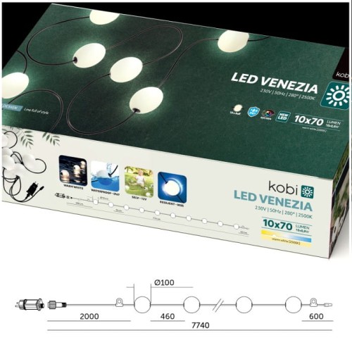 Girlanda sieciowa LED VENEZIA o długości 7,80 m, składająca się z 10 kul o średnicy 10 cm, emitujących ciepłe światło 2500K. Kabel czarny, wodoodporny, z możliwością zawieszenia. Widoczna instrukcja montażu na opakowaniu.