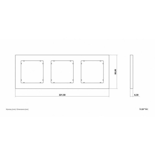Potrójna ramka ścienna Karlik MINI w kolorze białym, o wymiarach 221,5 mm x 80 mm x 6,3 mm. Zawiera trzy kwadratowe miejsca na zdjęcia z widocznymi mocowaniami. Prosty, nowoczesny design, idealna do aranżacji wnętrz.