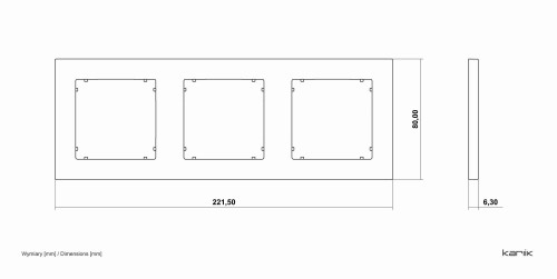 Potrójna ramka Karlik MINI w kolorze grafitowym matowym, o wymiarach 221,5 mm x 80 mm x 6,3 mm. Zawiera miejsca na trzy zdjęcia, z wyraźnymi uchwytami do mocowania. Prosty, elegancki design idealny do różnych aranżacji wnętrz.